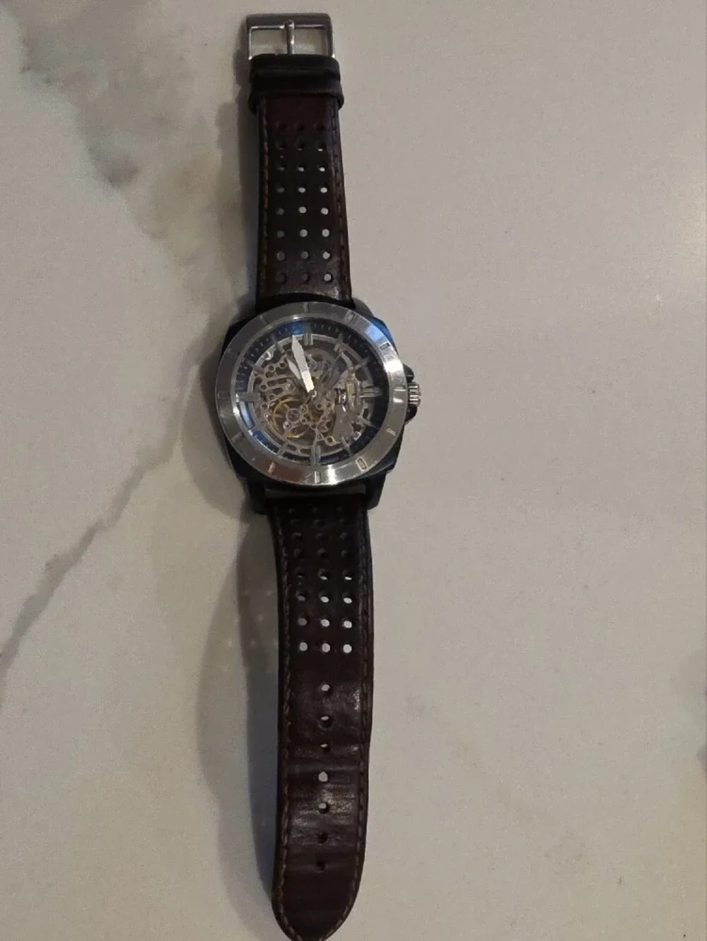 Privateer Sport Mechanical Skeleton Watch with Brown Leather Strap